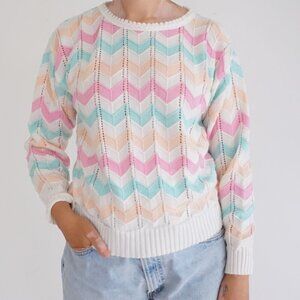 Vintage Jolie New York Pastel Chevron Knit Sweater Cottagecore Preppycore M